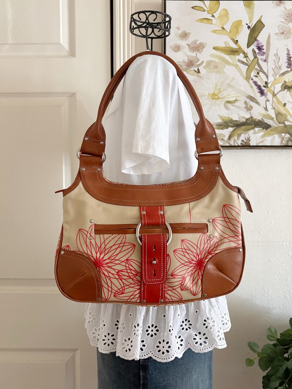 Orla Kiely Cream Canvas Shoulder Bag with Brown Leather and Red Floral Print
